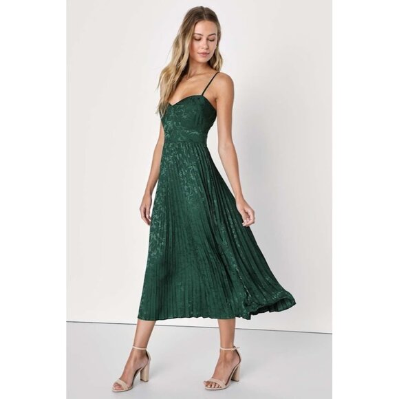 Lulus Dark Green Emerald Satin Jacquard Pleated Midi Dress Size XS Fall Coquette - Picture 2 of 13